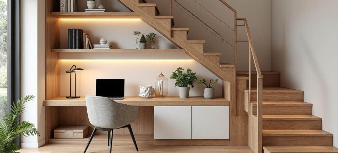 découvrez comment transformer l'espace sous votre escalier en un bureau discret et fonctionnel grâce à un aménagement intérieur optimisé.