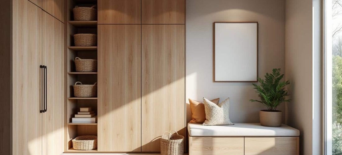 optimisez votre entrée avec un aménagement intérieur sur mesure incluant des rangements pratiques et élégants, pour un espace organisé et accueillant.