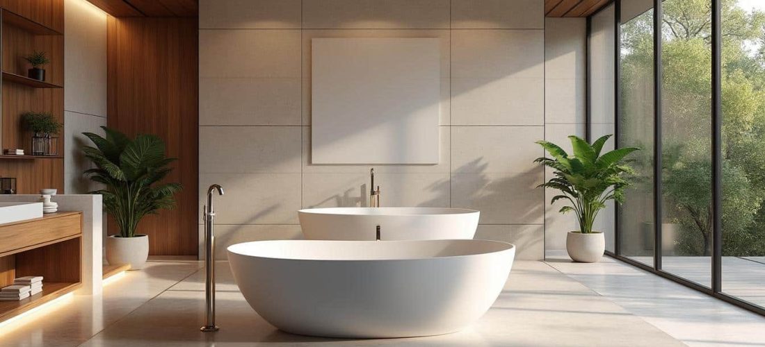 découvrez comment l'aménagement intérieur avec des baignoires îlots crée un espace de détente élégant et relaxant dans votre salle de bains.