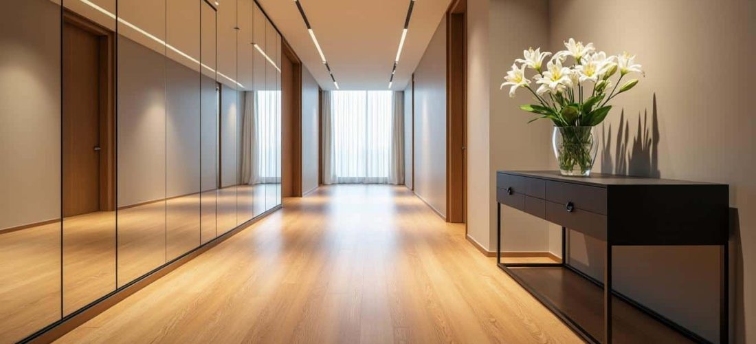 découvrez comment l'aménagement intérieur utilise des miroirs pour agrandir visuellement les couloirs étroits, apportant lumière et profondeur à votre espace.