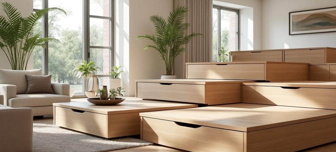 découvrez comment optimiser votre espace grâce à l'aménagement intérieur avec des rangements cachés sous les estrades, alliant praticité et esthétisme.