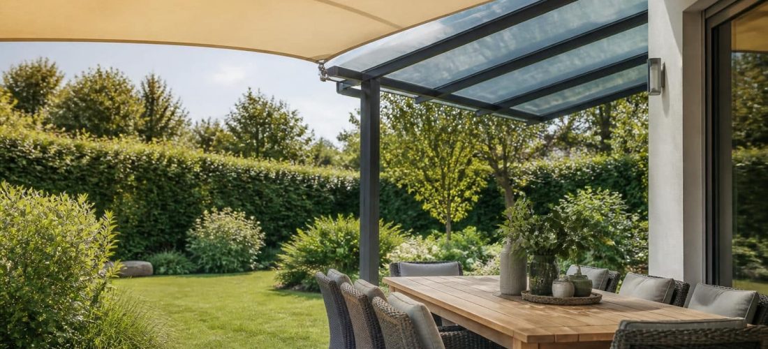 optimisez votre aménagement extérieur avec une liaison directe entre voile d'ombrage et protection anti-uv, idéale pour le coin repas, alliant confort et décoration.